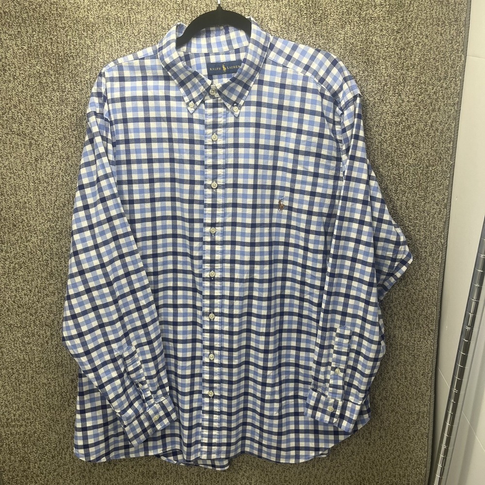Ralph Lauren Shirt Mens 2XB Big Blue White Plaid Gingham Classic Long Sleeve